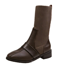 High-elastic mid-tube leather stitching square head wear-resistant flying woven Martin lady  boots